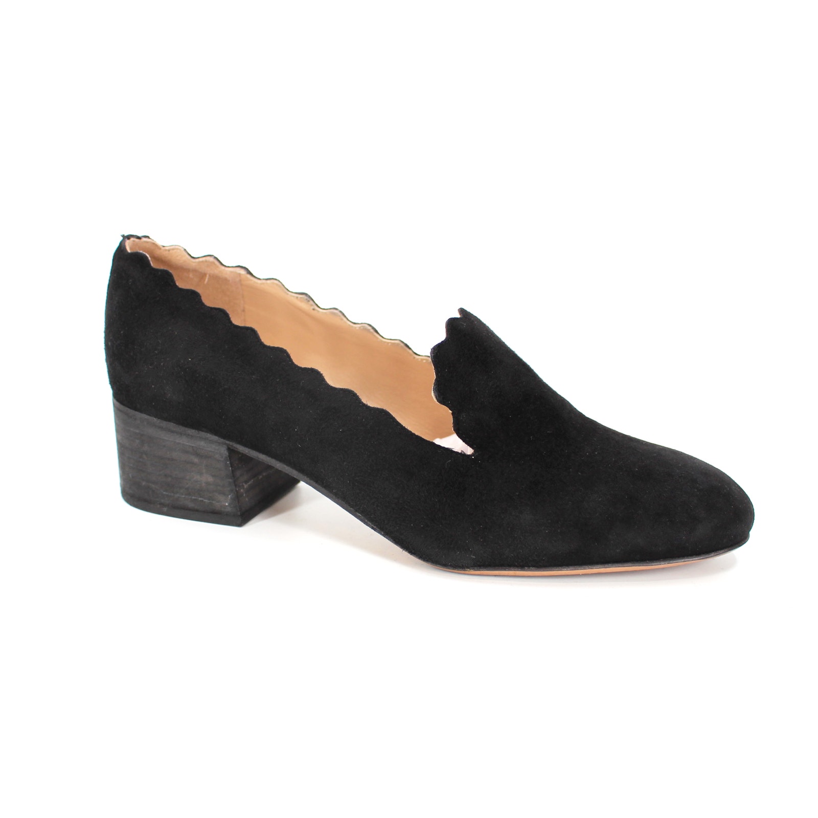 Chloe Scalloped Suede Pumps Black Leather Almond Toe Block Heels Size 36.5 6.5