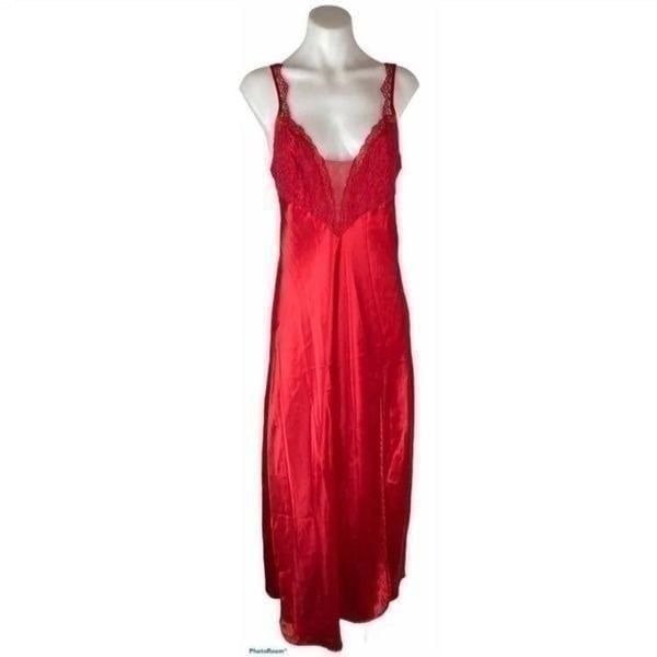 Vintage victorias secret red long satin slip with lace detail