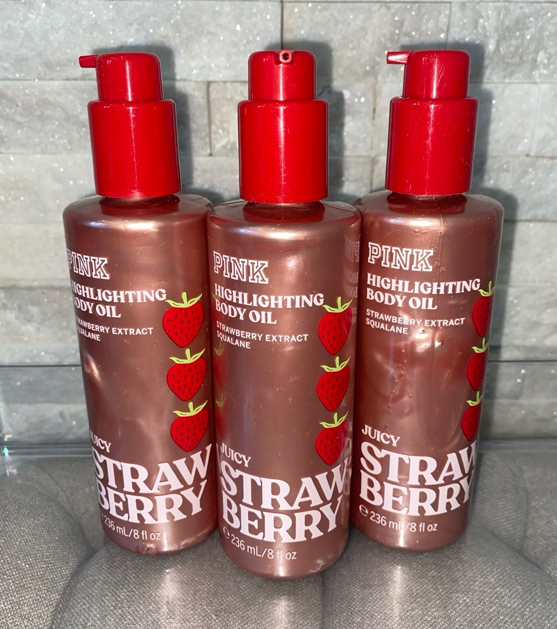Victoria's Secret PINK Juicy Strawberry Highlighting Body Oil X3 Bundle