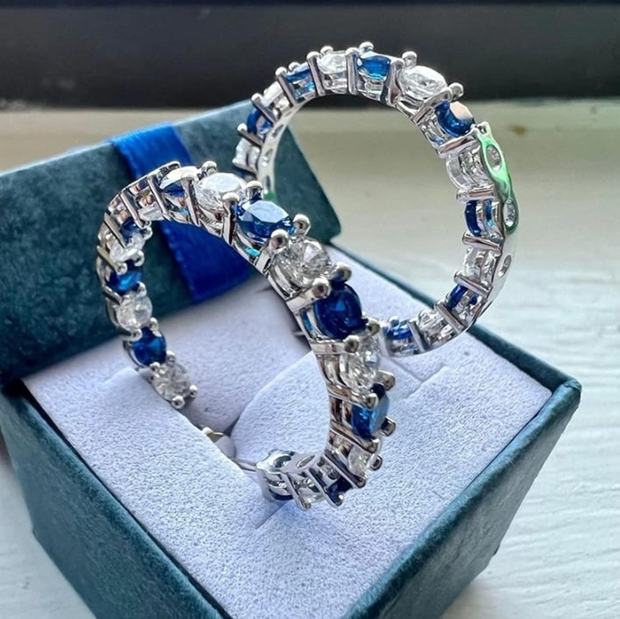White CZ & Sapphire Sterling Silver Plated Hoop Earrings for Women