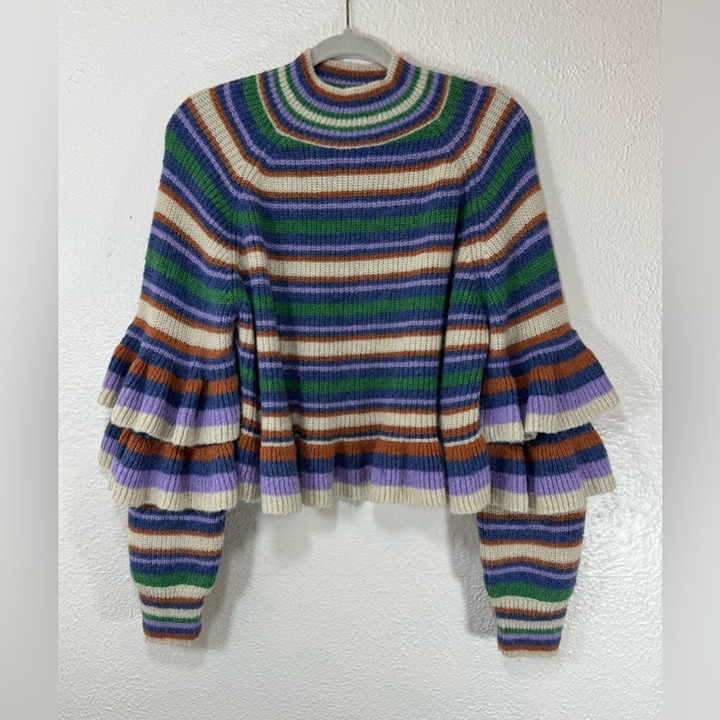 Current Air Striped Tiered Sleeve Sweater Women’s Large in Purple Green