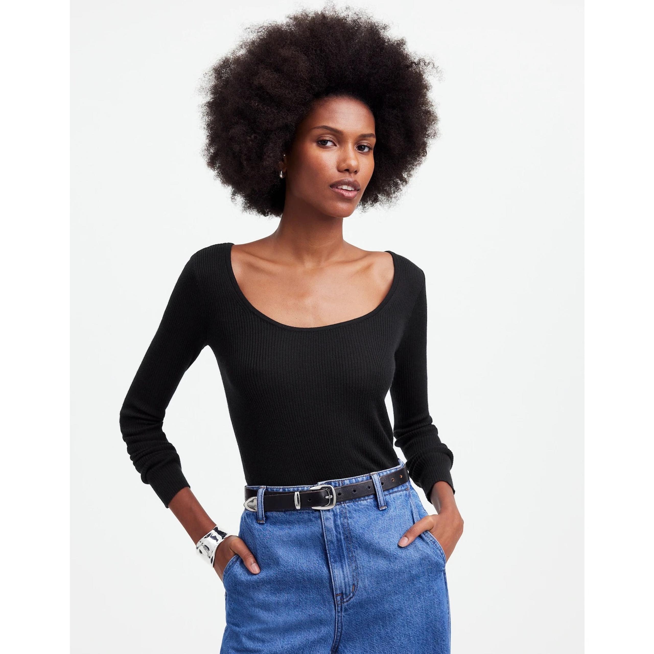 $98 New Madewell Merino Wool-Silk Blend Scoopneck Sweater - XS - Black