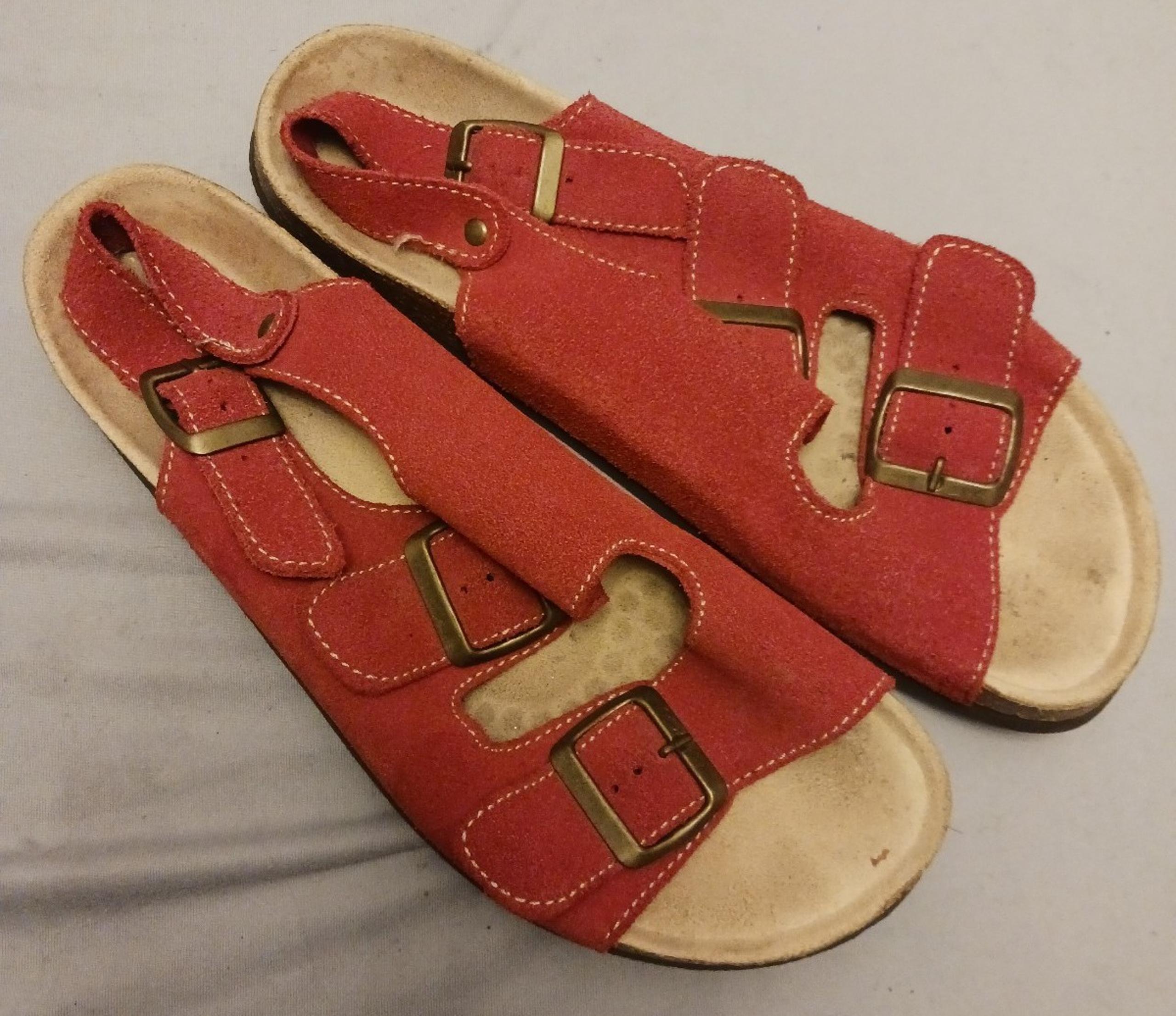 Lands' End Women's Red Leather Suede Ankle Strap Sandals, Size 9