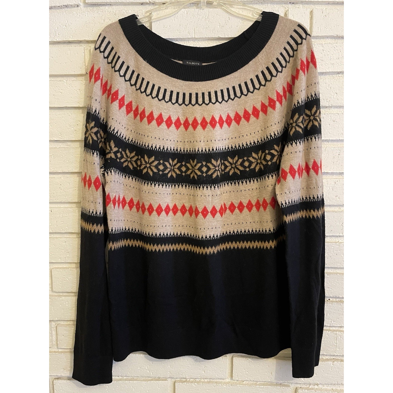 TALBOTS Women's XL Fair Isle Mohair Wool Soft Knit Sweater Academia Black Camel