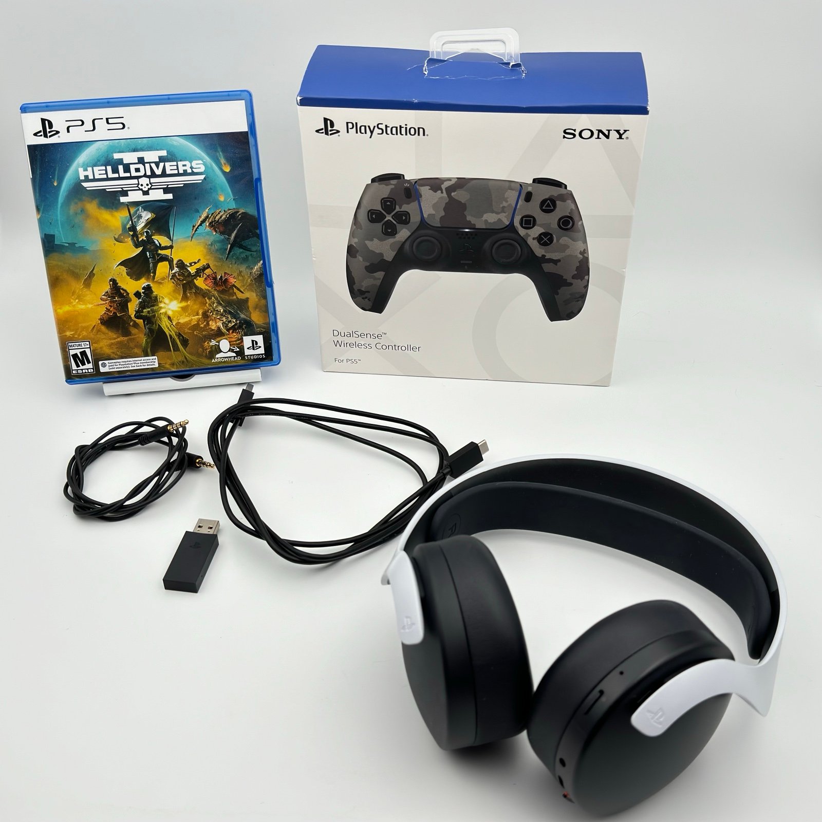 Gray Camo Dualsense + PULSE 3D Wireless Headset + Helldivers 2 PS5 Bundle