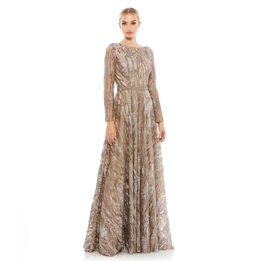 Size Mac Duggal 79261 NWT SEQUIN LONG SLEEVE BATEAU A LINE GOWN