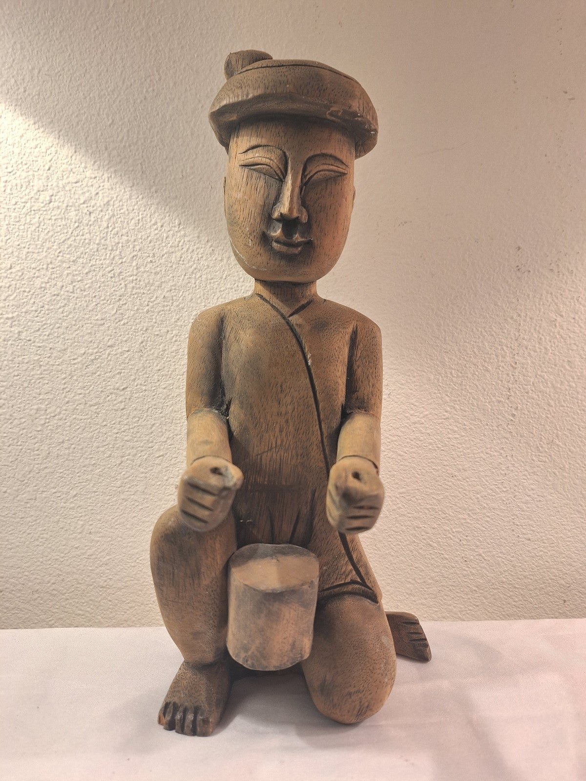 Vintage Burmese Hand Carved Wooden Musician Figurine - Man Beating Drum