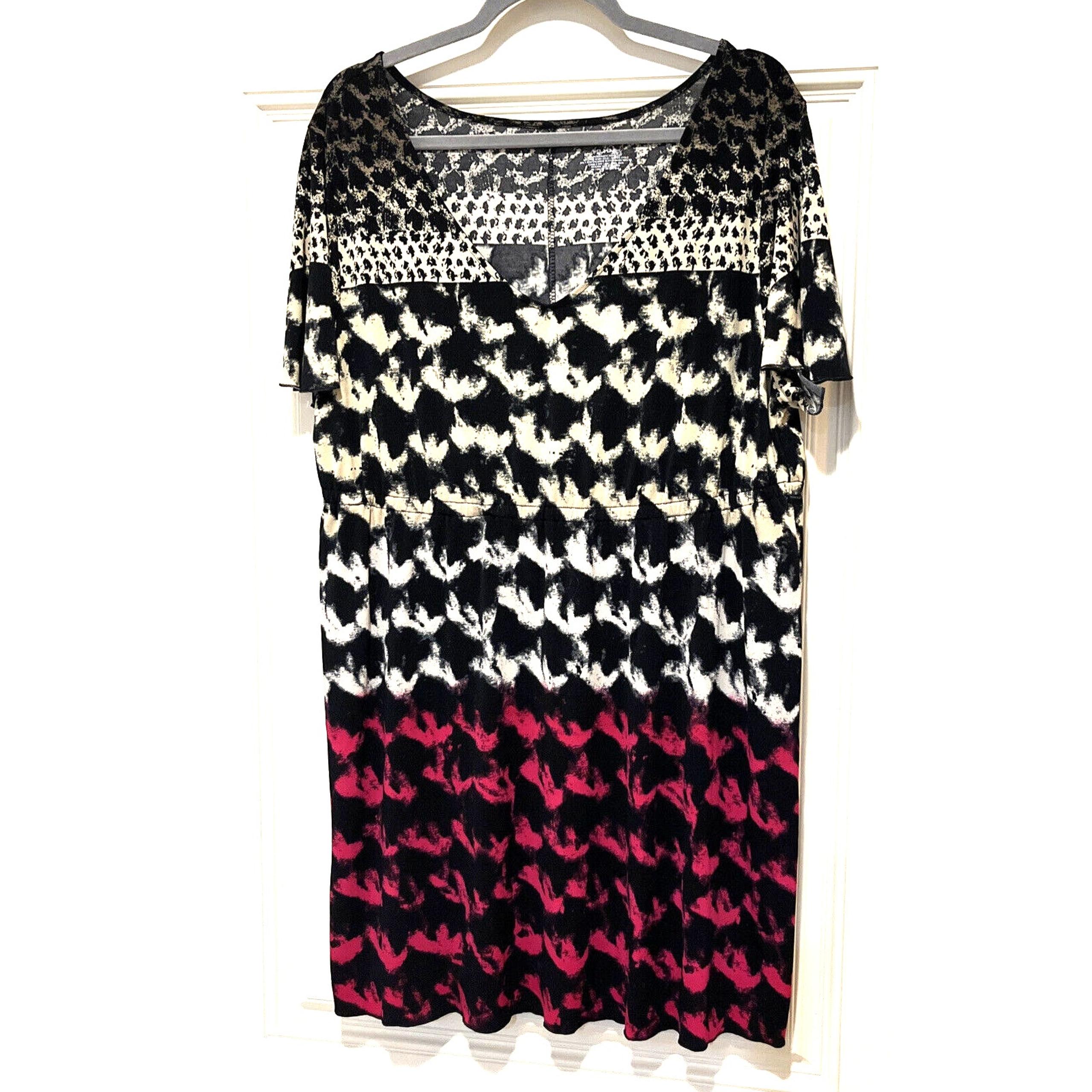 Lane Bryant Dress Sz 14/16 Black/Cream/Pink stretchy jersey knit knee length