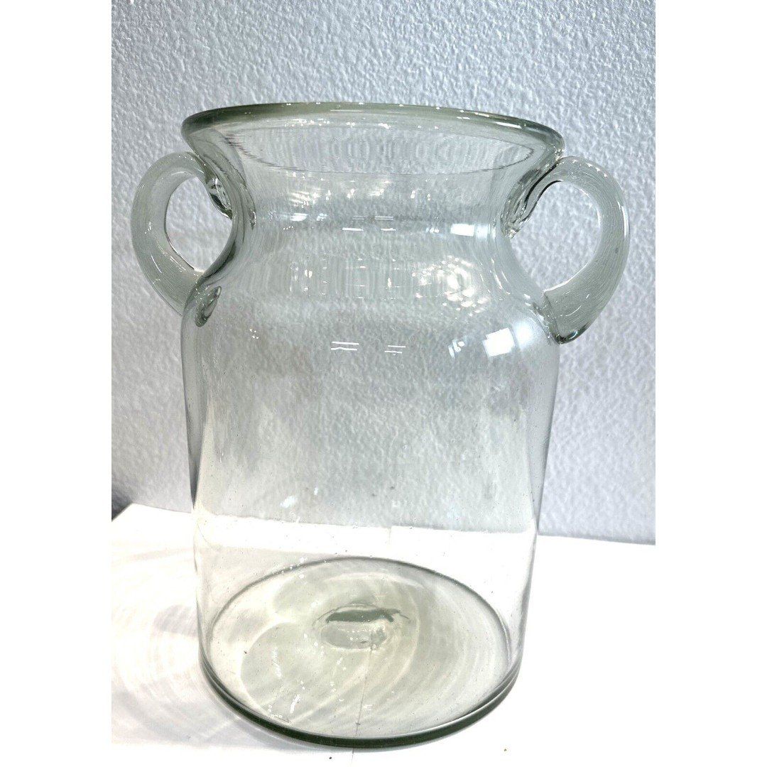 Double Handed Milk Jug Glass Vase 10 Inches X 7 Inches Gray Tint