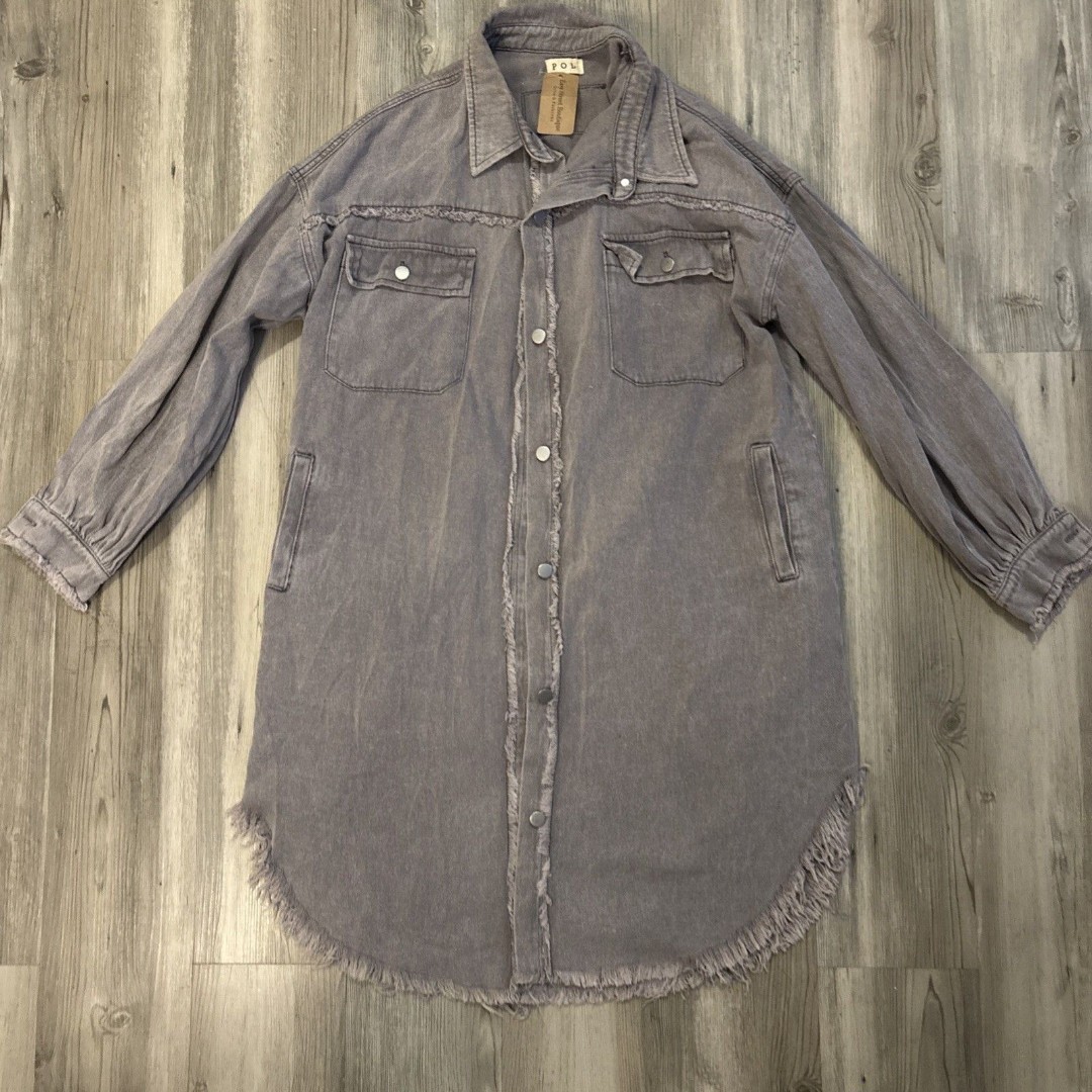 POL Long Gray Distressed Jean Jacket/Dress Raw Hem Women’s Size Small NWT