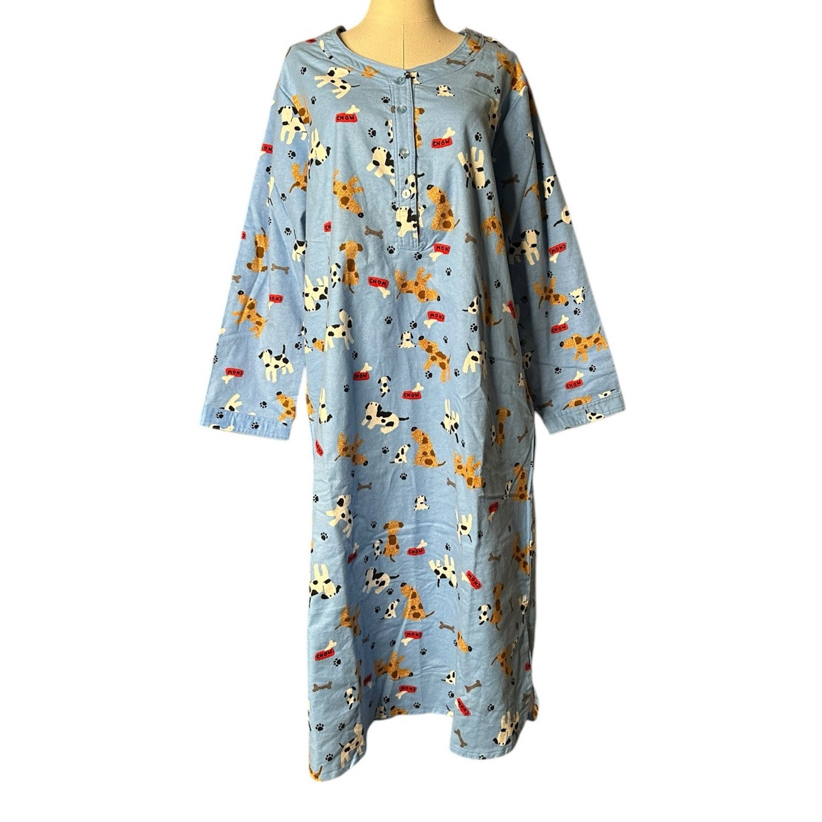 La Cera Womens M Dog Paw Print Bone Blue Flannel Nightshirt with Pockets NEW 98