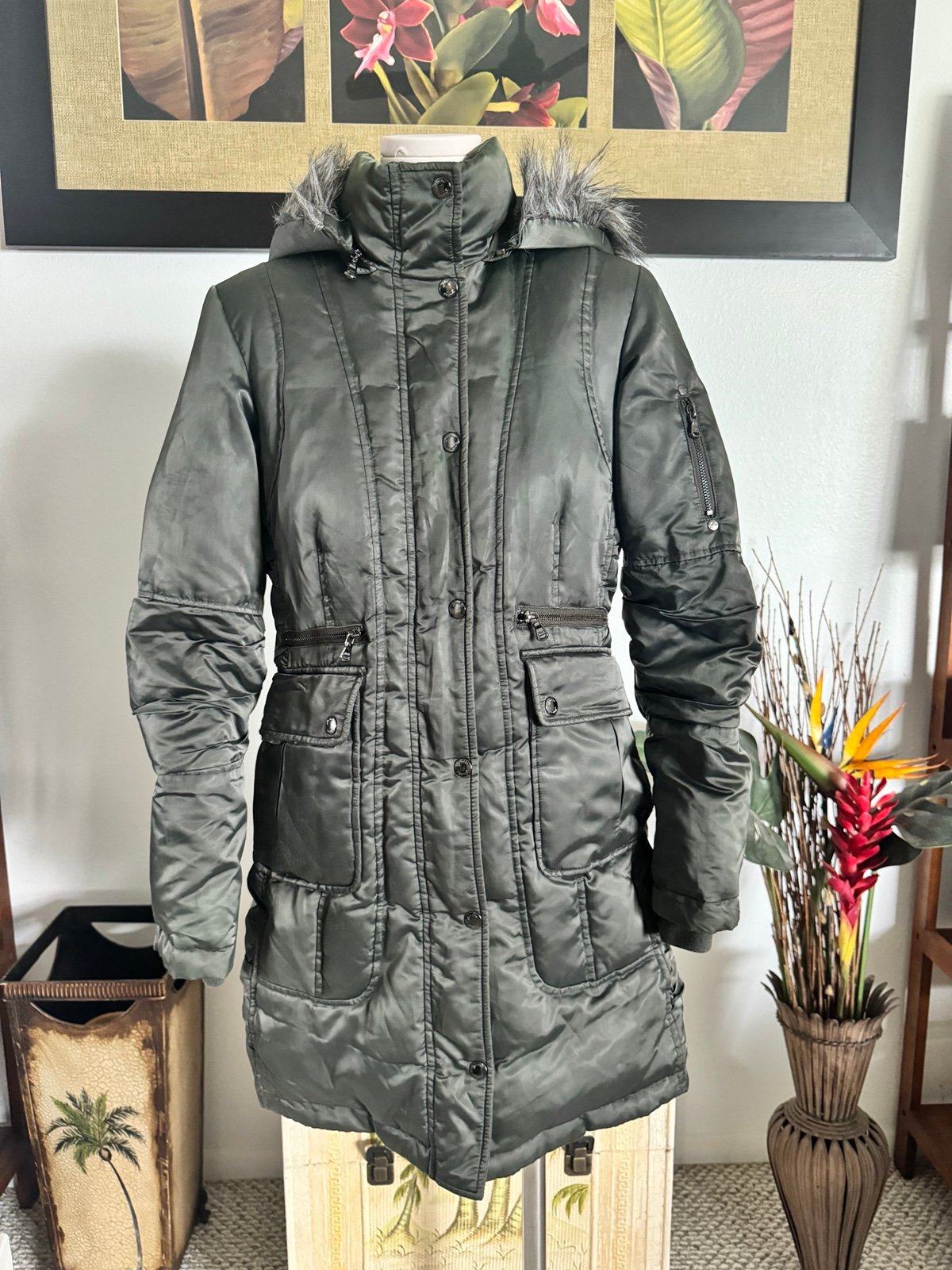 Guess Women's Parka Jacket Mid Length Satin Like Hoodie with Fur Gray XS