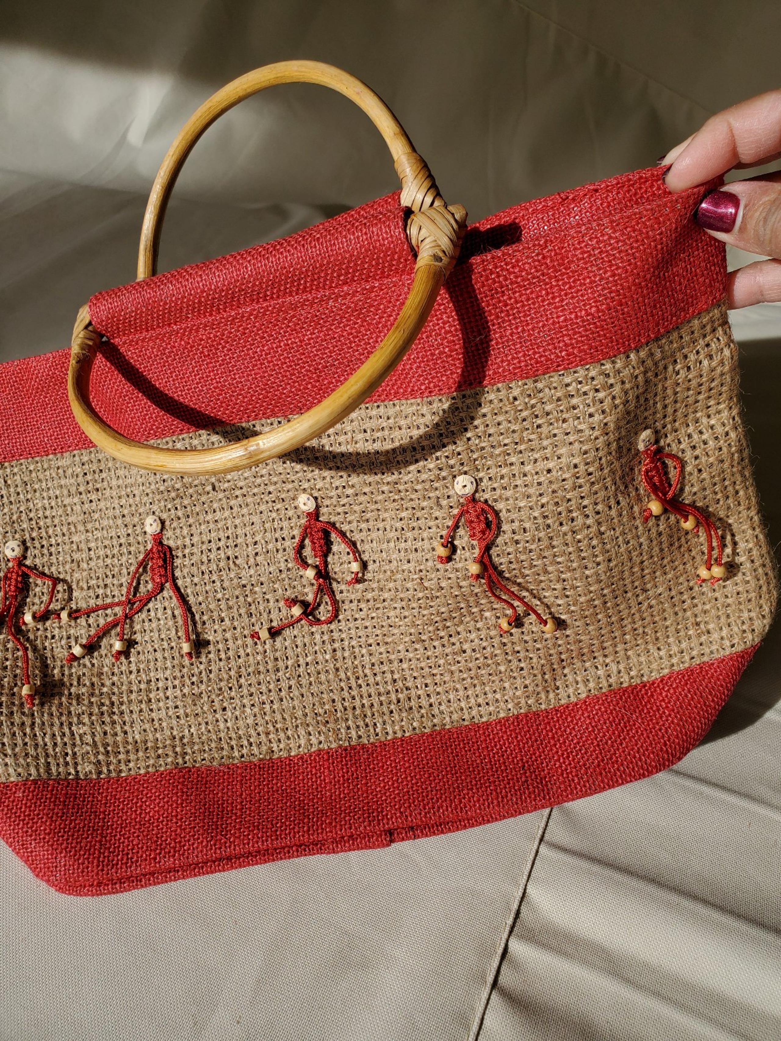 New Very Pretty Hand made Tan & Red Burlap Satchel with Bamboo Handles