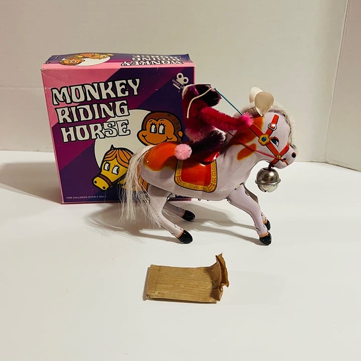 Vintage Tin Litho Wind Up Monkey Riding Horse Original Box Works With Key MS 764