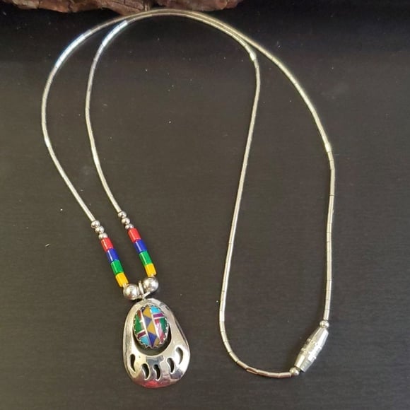 Sterling Silver 925 Turquoise Inlaid Multigemstone Bear Claw Necklace