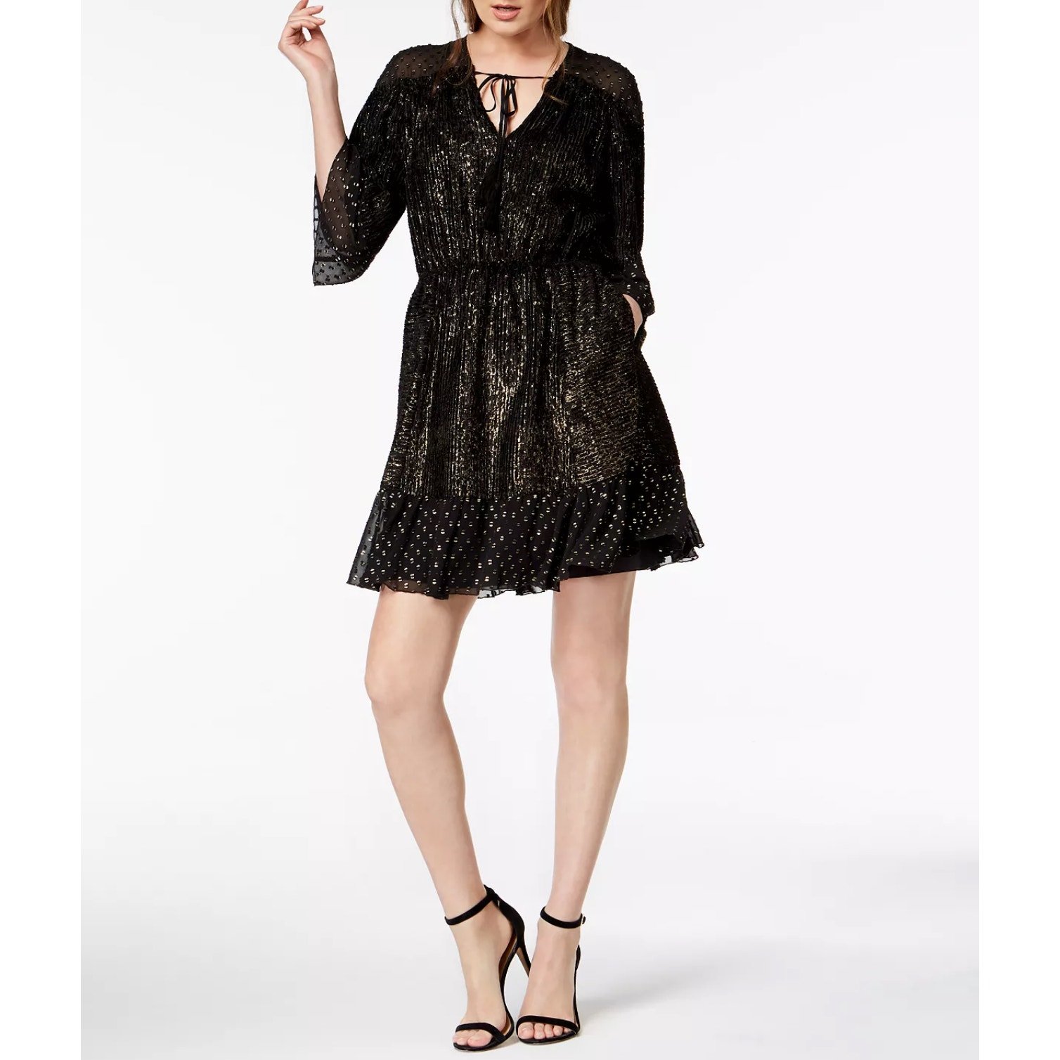 Rachel Zoe Dress Short Black Gold Shimmering 3/4 Sleeves Size 4