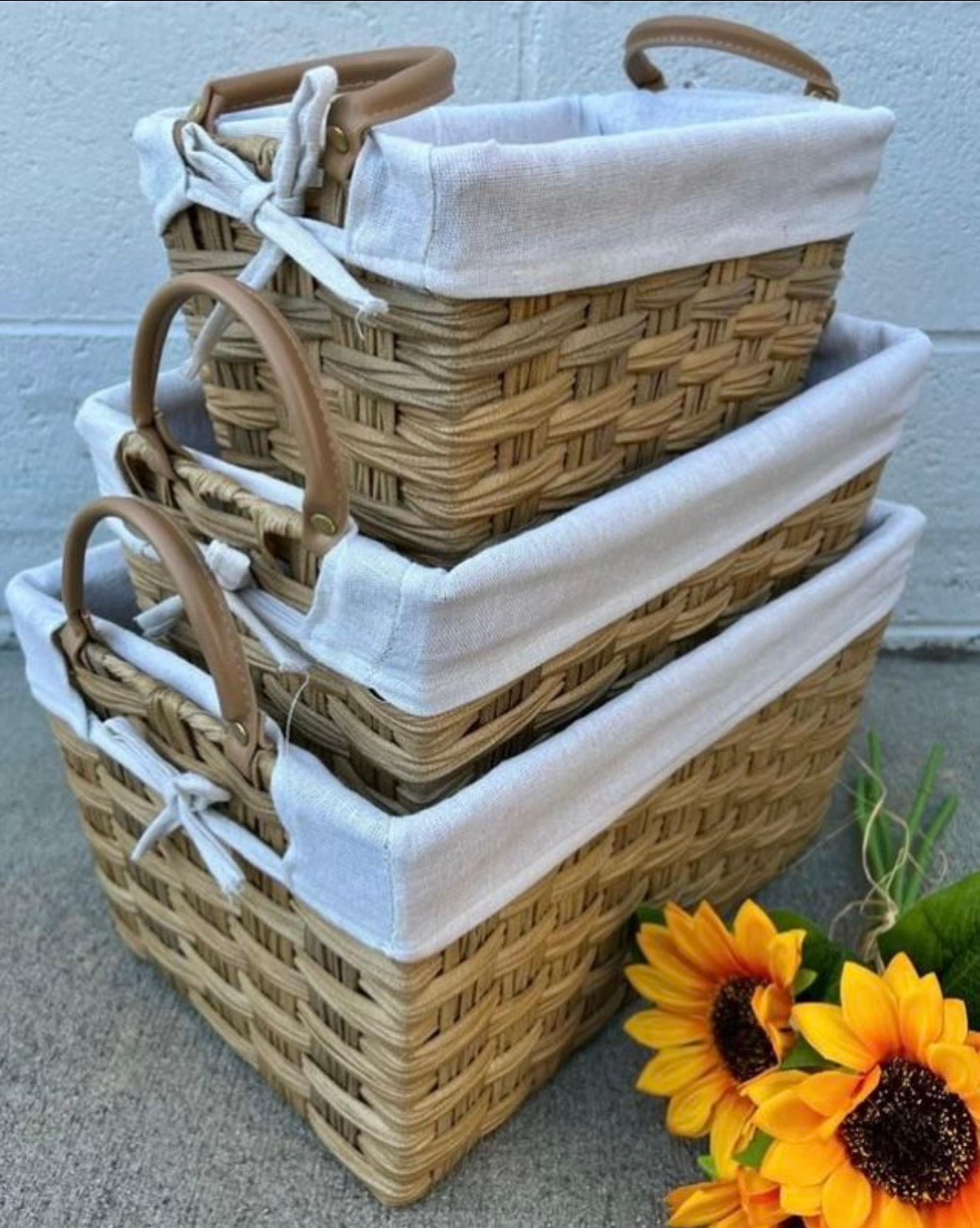 3Pack Beige Wicker Nesting Baskets with Removable Cloth Lining & Leather Handle