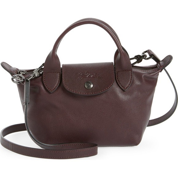 Longchamp Mini Le Pliage Cuir Leather Top Handle Bag Crossbody Burgundy
