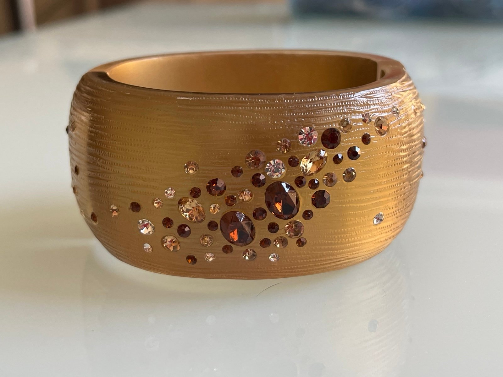ALEXIS BITTAR Gold LUCITE Crystal Encrusted Wide Hinged Bracelet 2.1 Wide