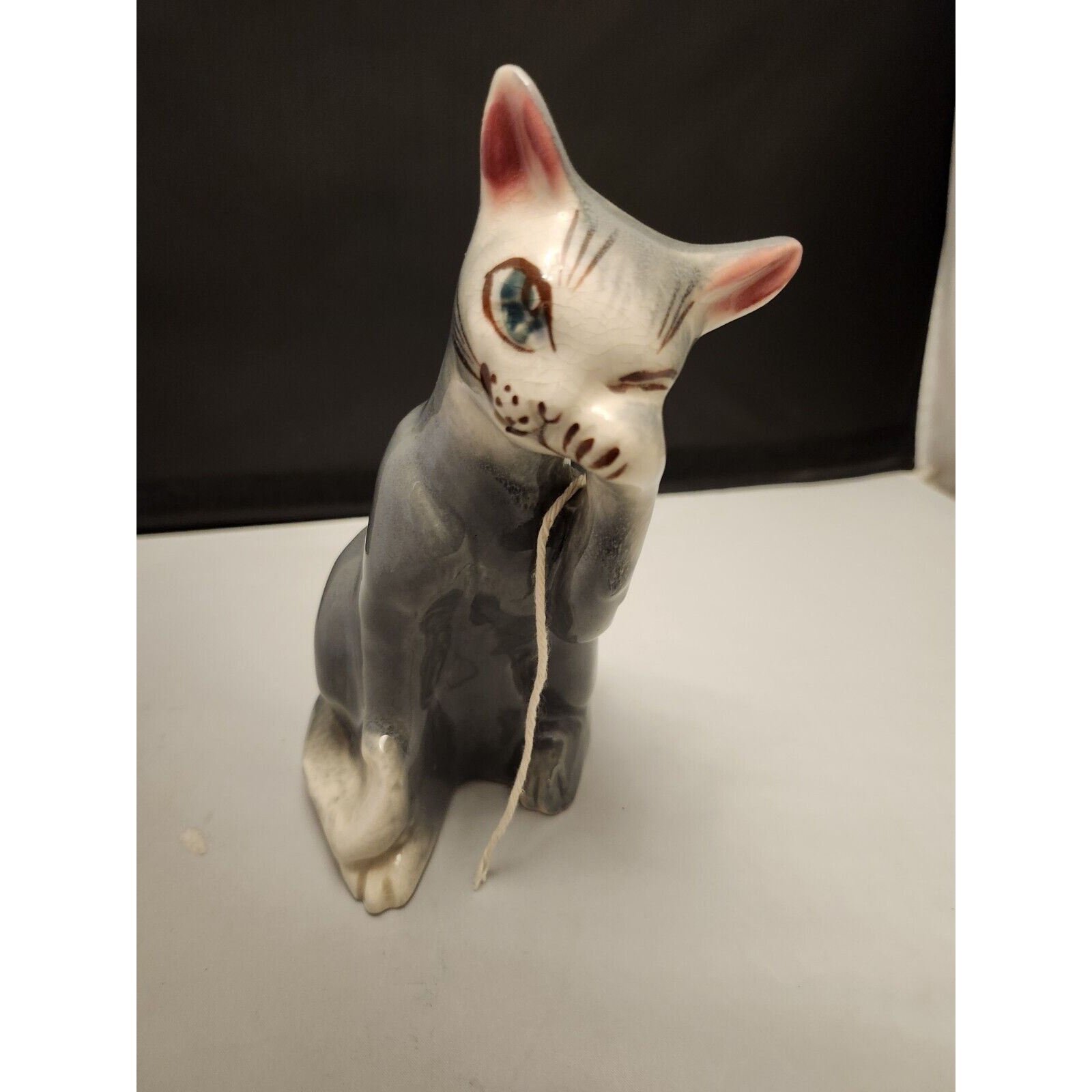 Vintage Horton Pottery Cat Planter String Holder Grey Kitten