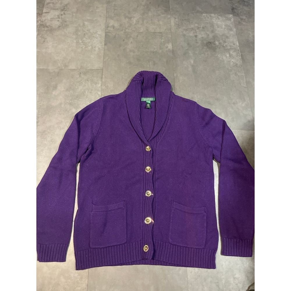 Ralph Lauren Purple Knit Cardigan with Gold Buttons - Luxurious Comfort B-22