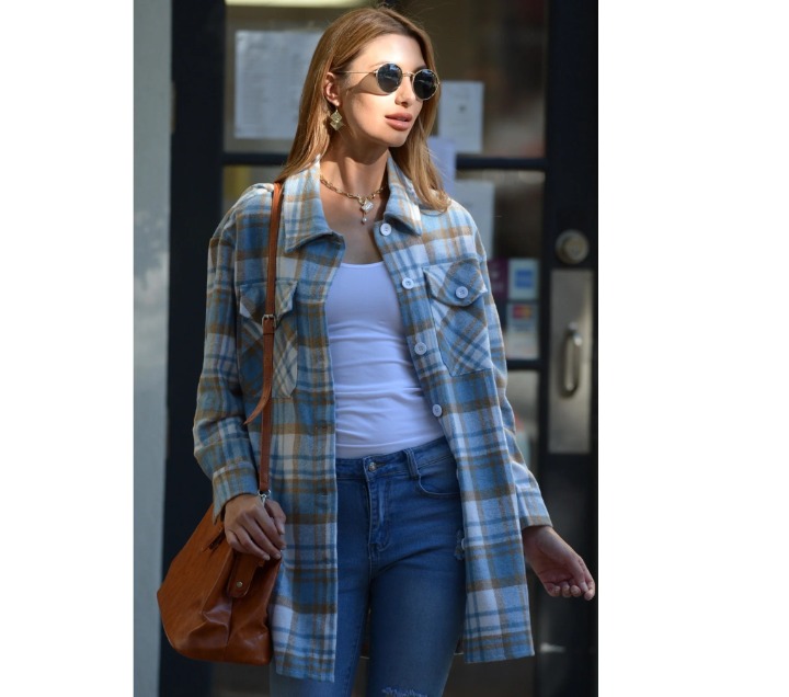 Plaid Shacket Button Front Shirt Jacket Flannel Vintage 70s Inspired Size L