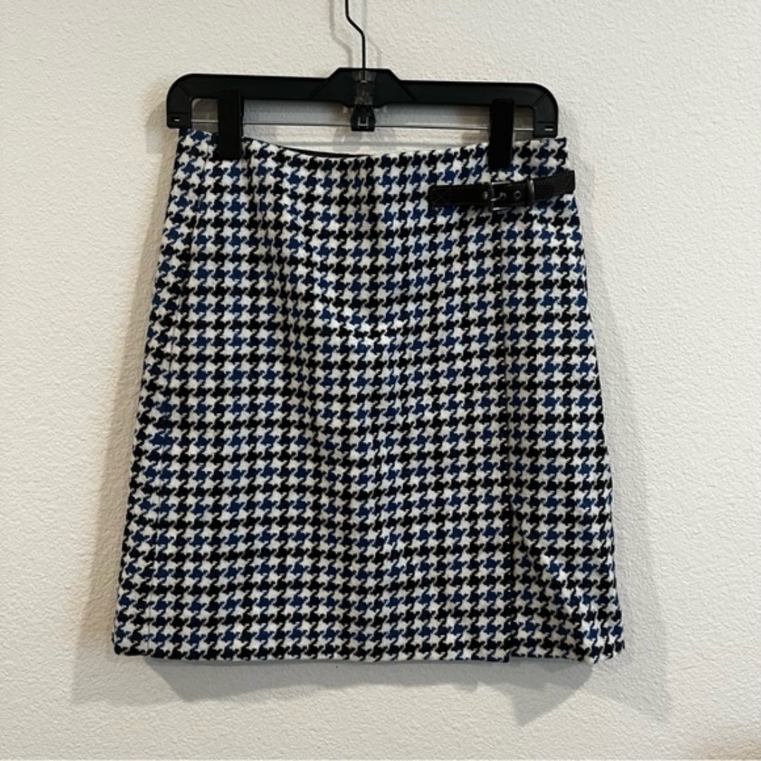Boden British tweed houndstooth print size 4 faux wrap skirt blue & white