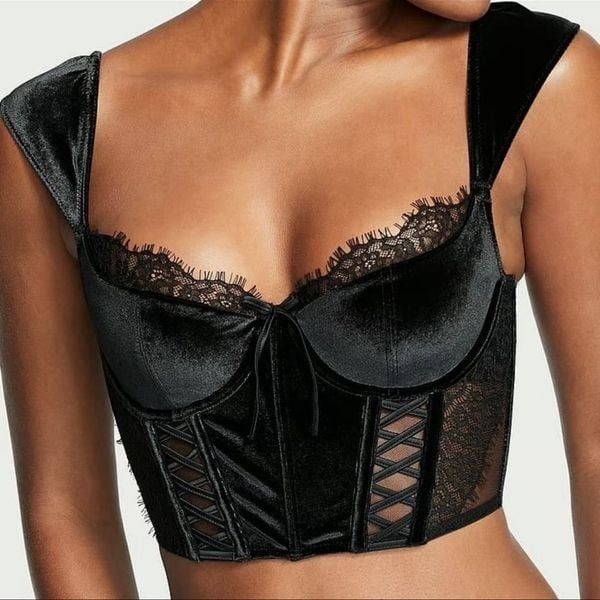 Victoria's Secret Dream Angel Lace & Velvet CapSleeve Corset Top Color Black New