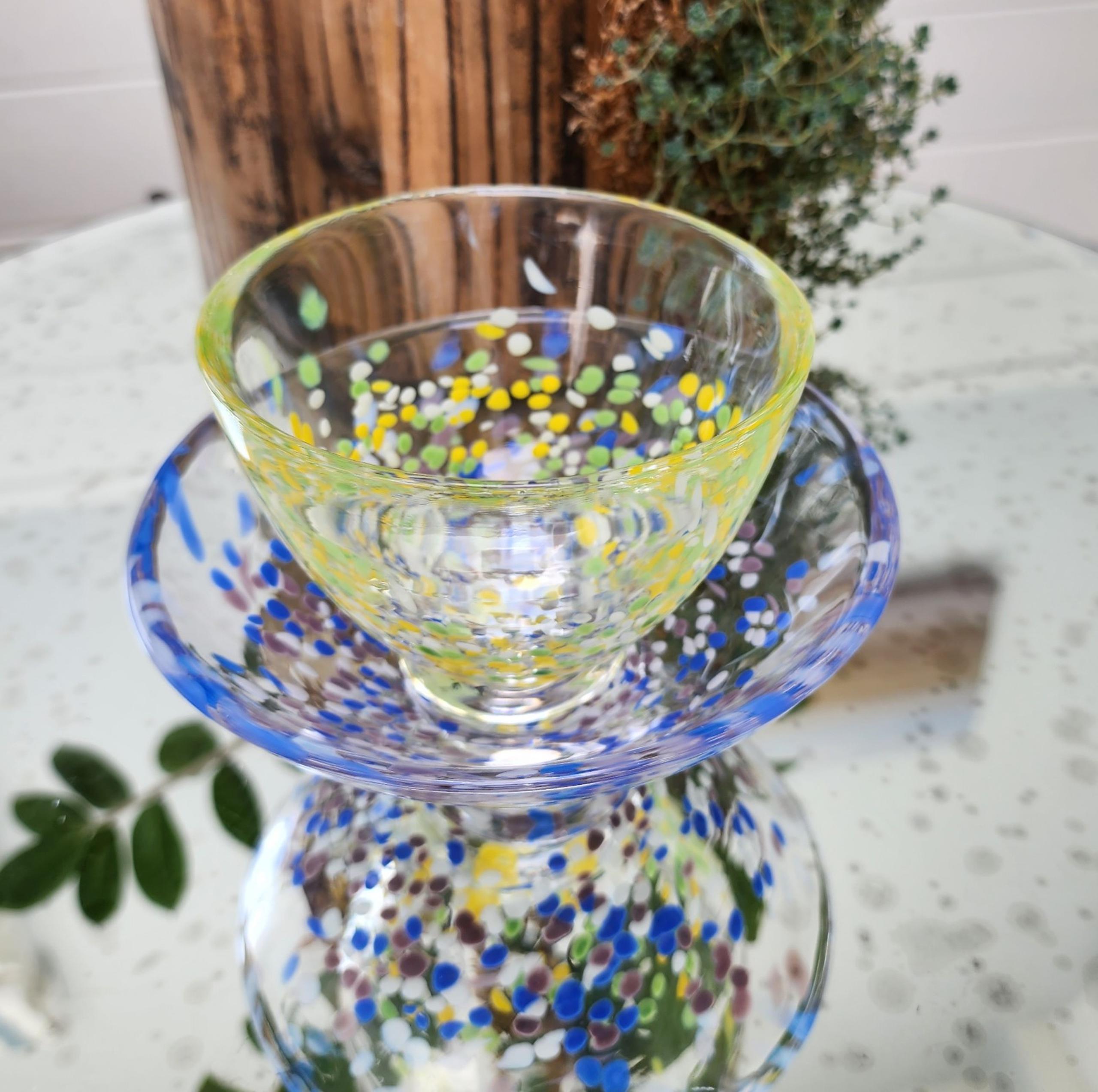 Set of 2 Anthropology Art Glass "Frida" Bowls Tanzanite Blue and confetti Yellow