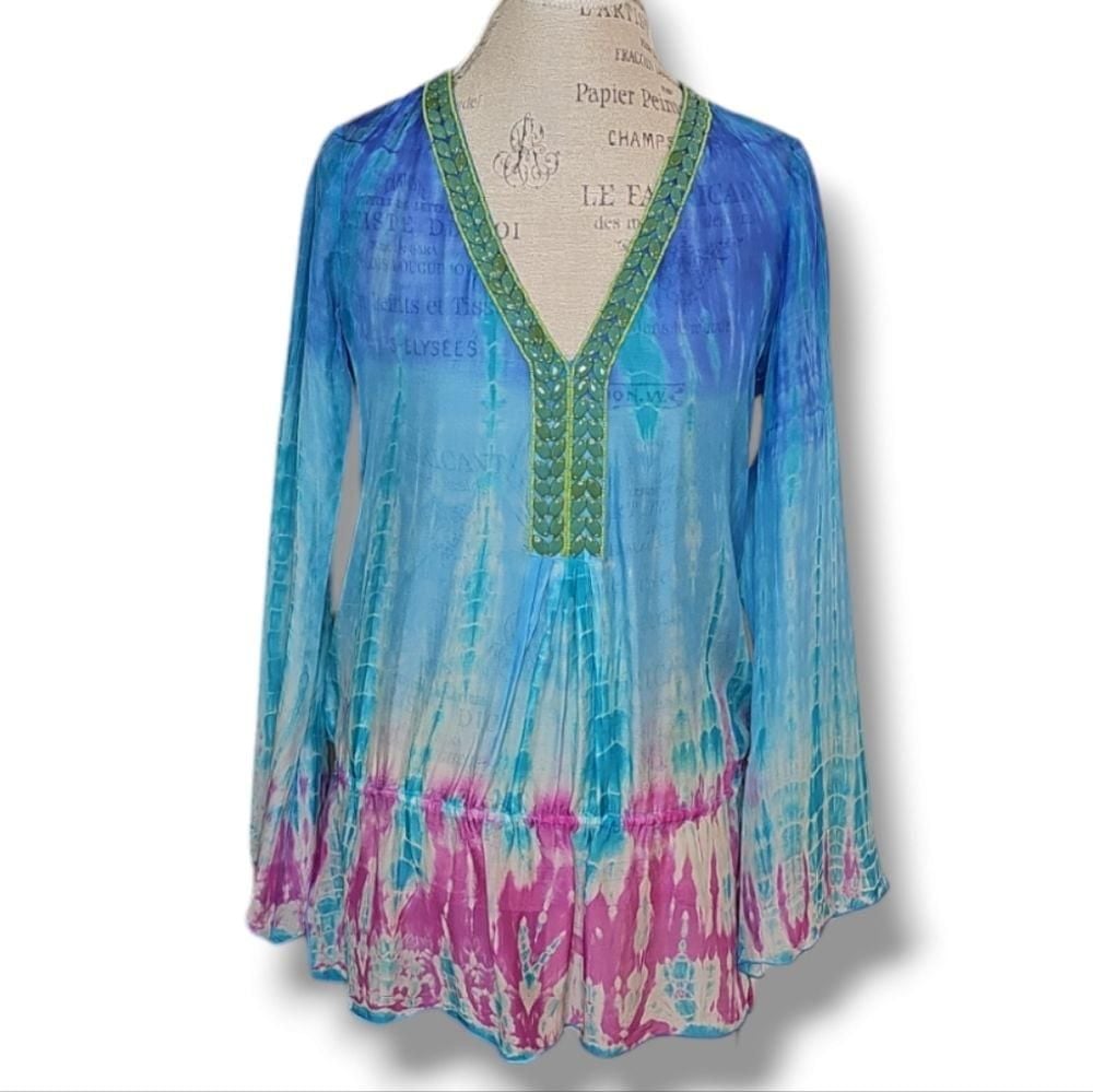 Hale Bob Pink & Blue Tie Dye Embelished Silk Tunic Top - Size Small