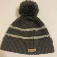 Columbia thick Knit Fleece lined unisex beanie ski hat gray striped pompom-Adult