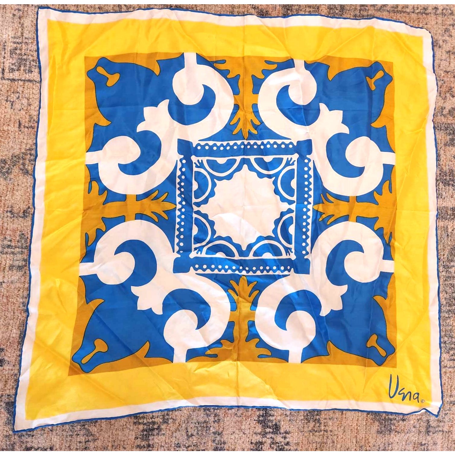 Vintage Vera Neumann 1970s Yellow Blue White Gold Mod Signed Square Scarf 22x22