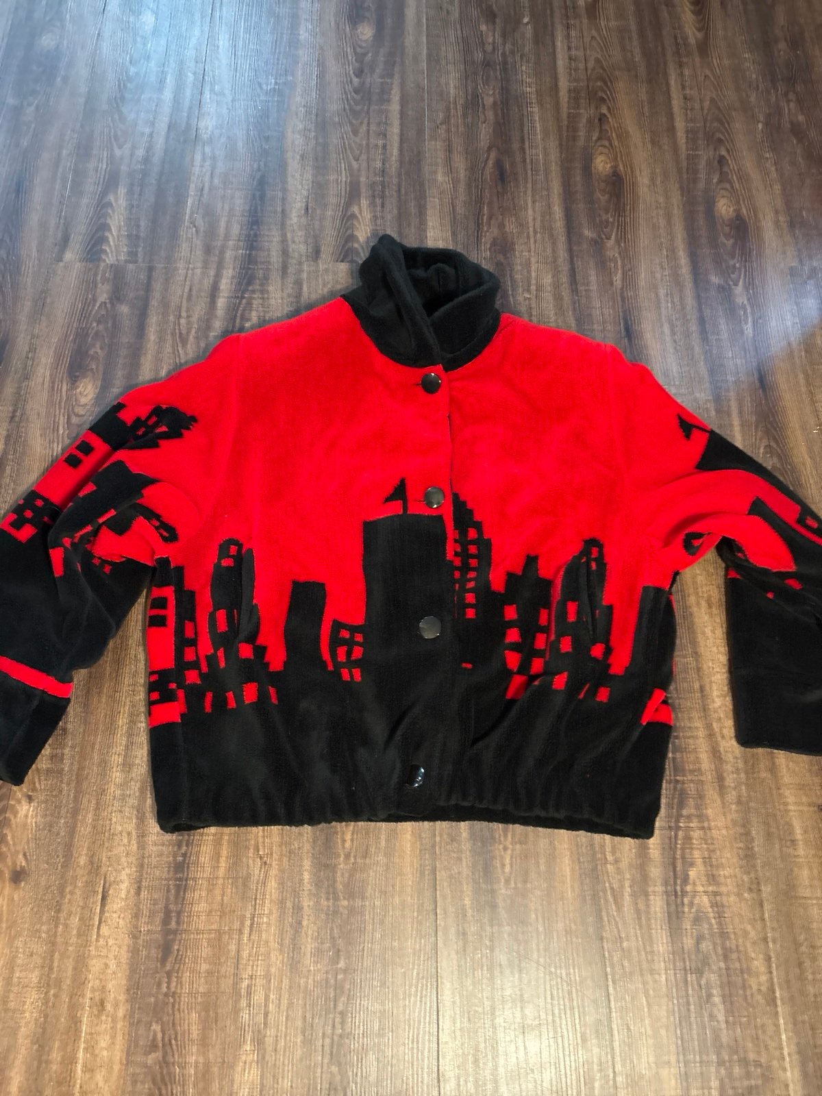Vintage Faux Fur City Landscape Red&Black jacket/coat Size XL UNIQUE warm