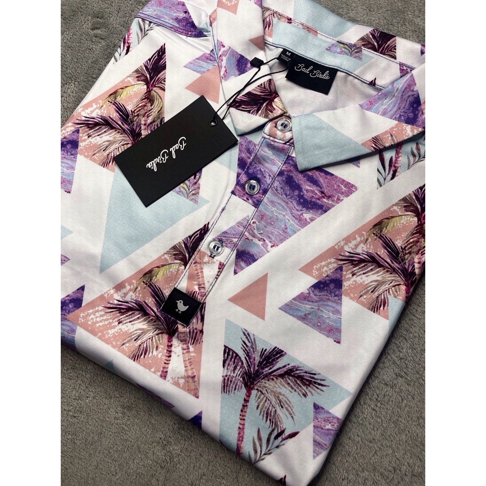 Bad Birdie Cali Polo Golf Shirt Mens M Palms Abstract Triangles Purple Blue NWT