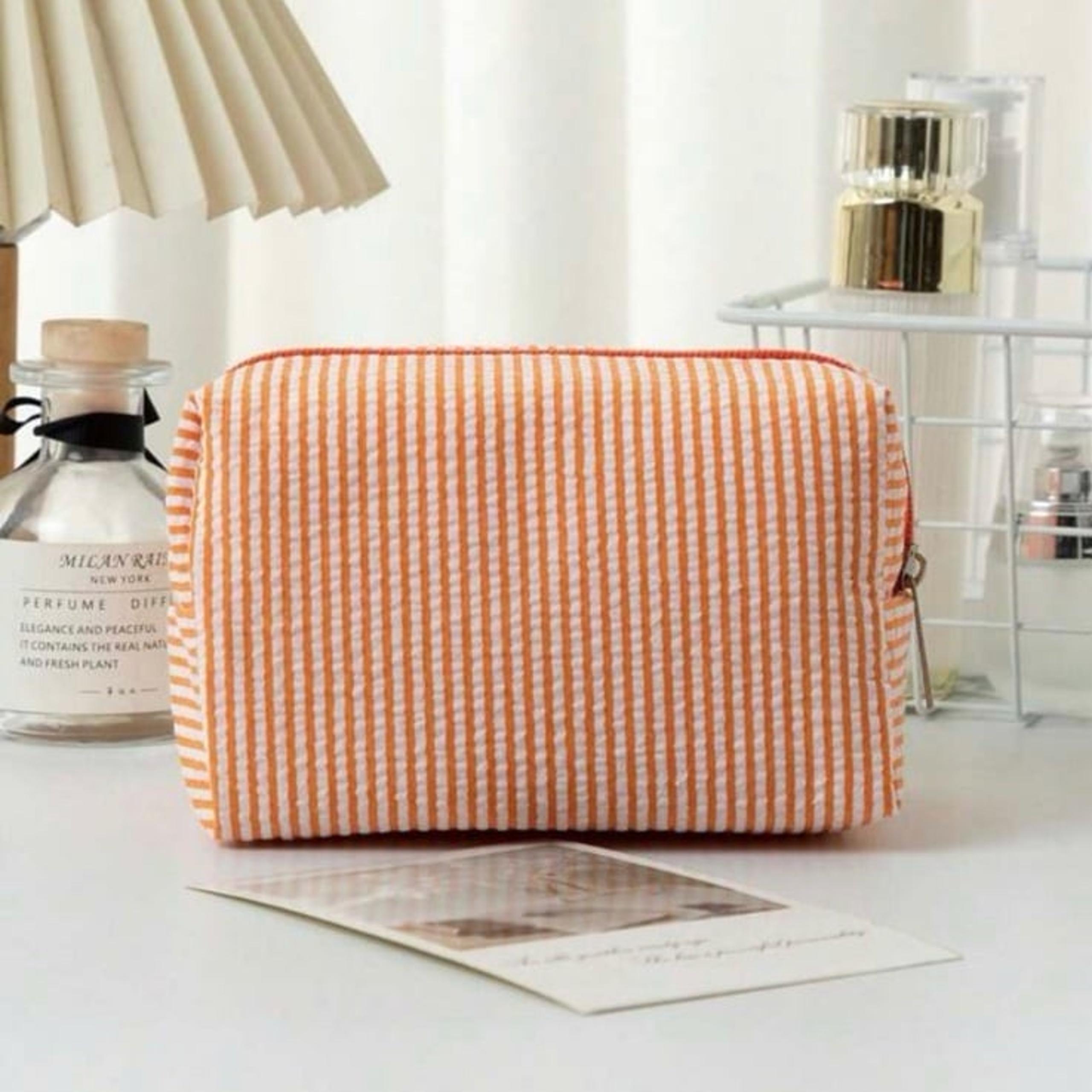 Striped seersucker toiletry makeup Bag