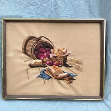 Rare Vintage Framed Apple Bucket & Bread Harvest Crewel Embroidery Art