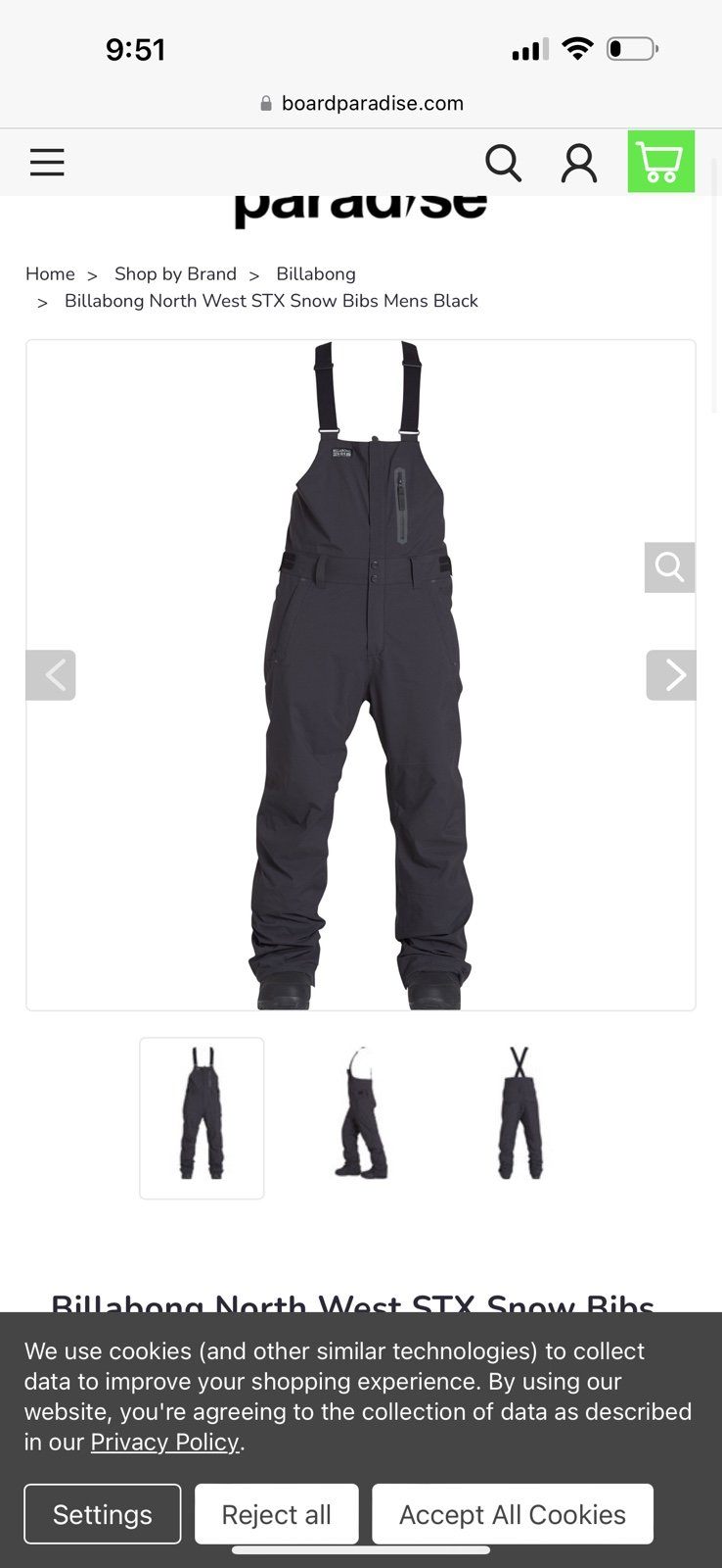285 Billabong North West STX Snow Bibs Mens Black sz Medium