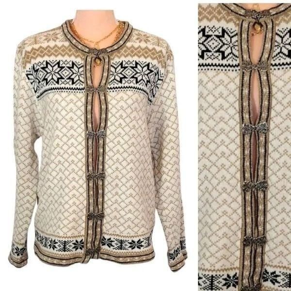 Vintage Cream Tan Winter Fair Isle Hook Front Knit Cardigan Large