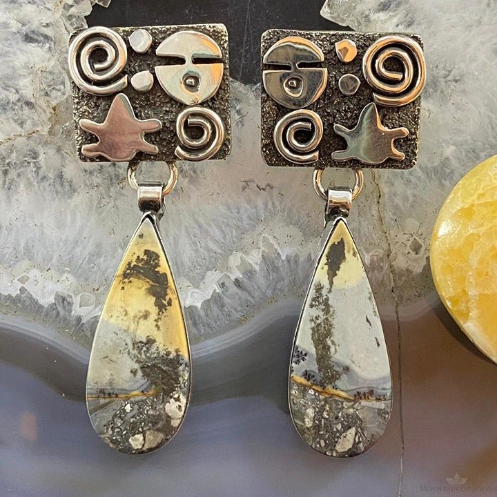 Alex Sanchez Sterling Silver Teardrop Maligano Jasper Petroglyph Dangle Earrings Alex Sanchez Sterling Silver Teardrop Maligano Jasper Petroglyph Dangle Earrings