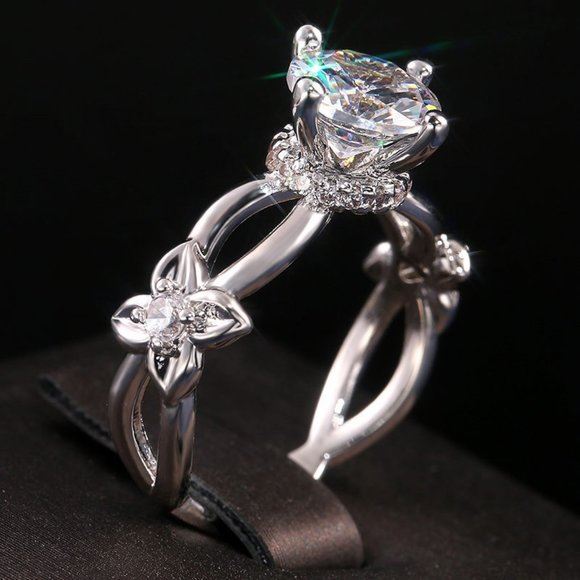 Stamped 925 Silver Diamond Flower Ring