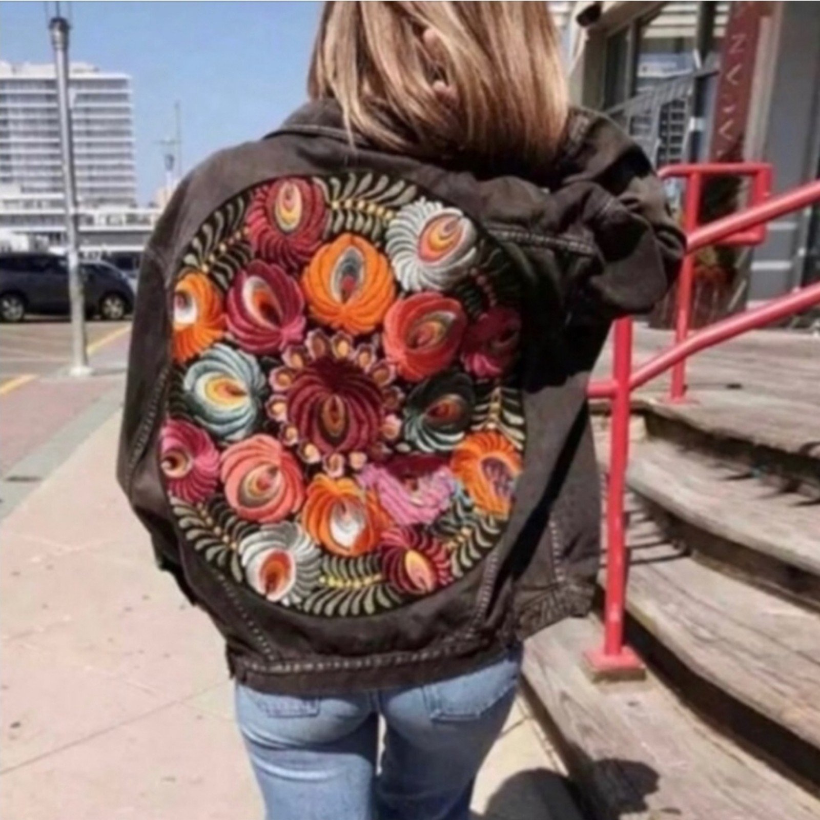 New Bohemian Hand Embroidered Floral Black Distressed Denim Jacket. Sz XL 24 P2P