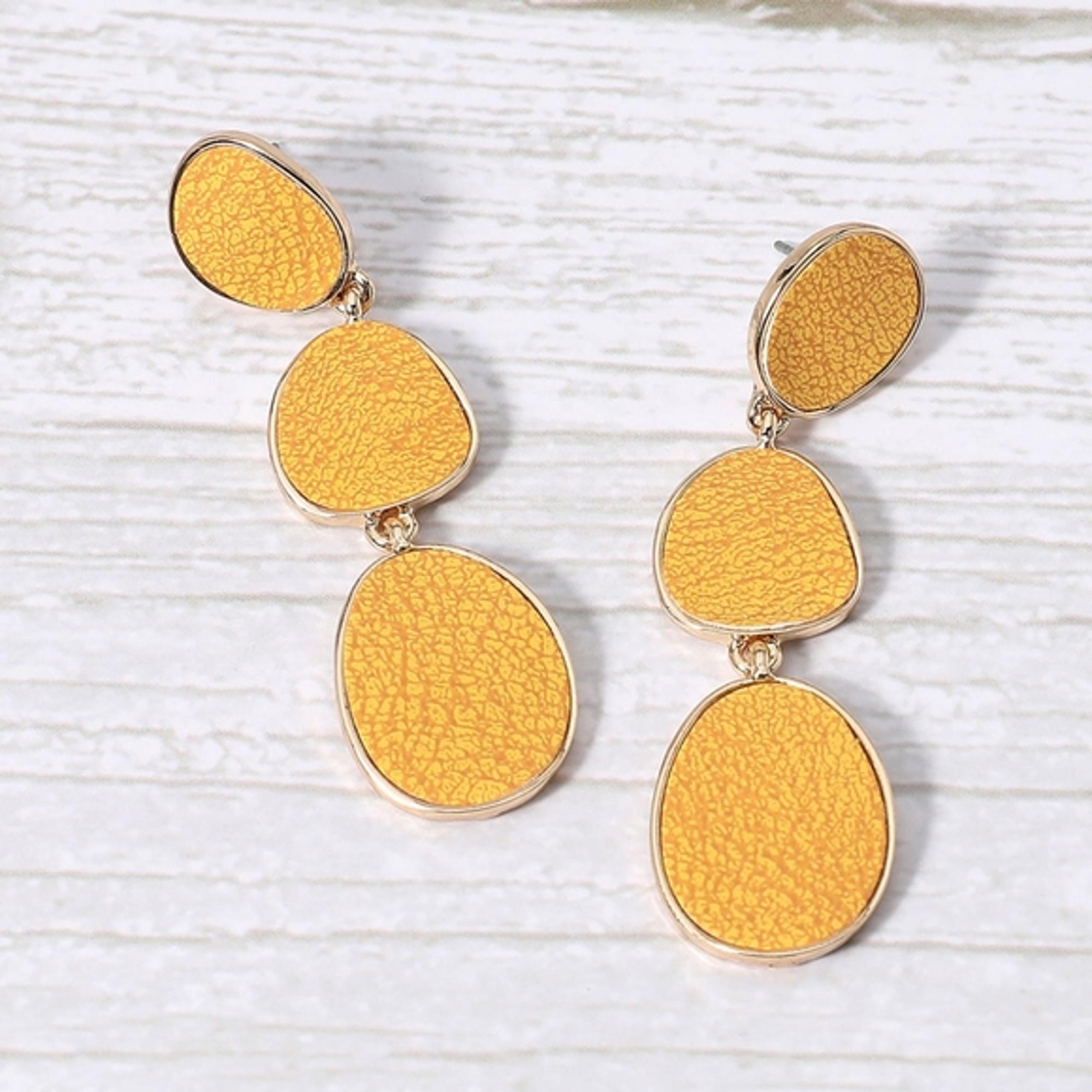 Yellow Abstract Plate Dangle Leather Earrings 2.3 Inch Triple Drop Jewelry