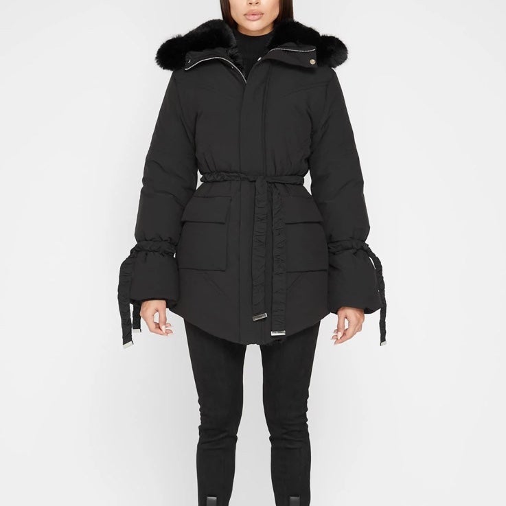 FAUX FUR LONGLINE COAT - BLACK/BLACK