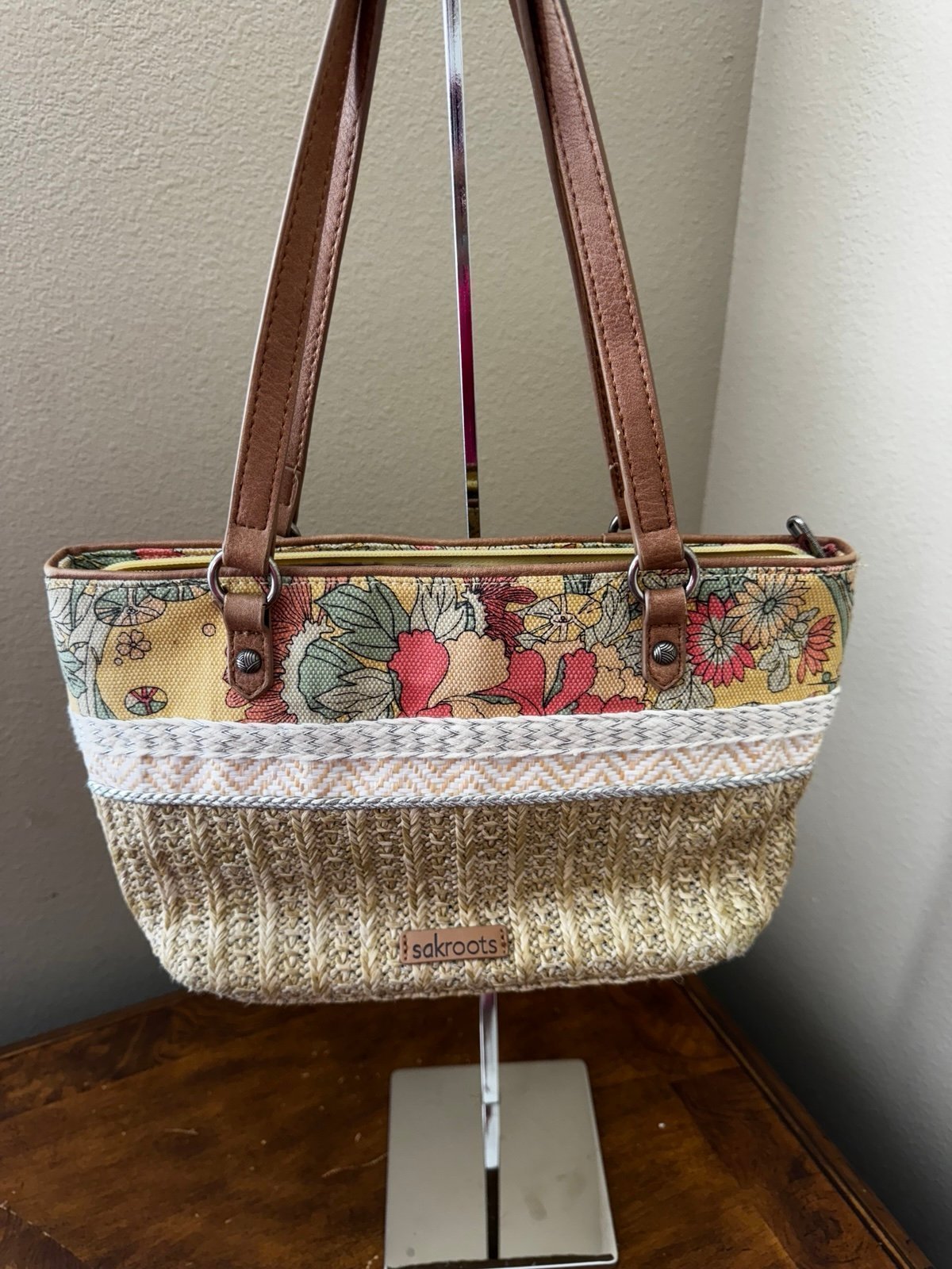 SAKROOTS Yellow and Coral Floral Straw Jute Summer Satchel.