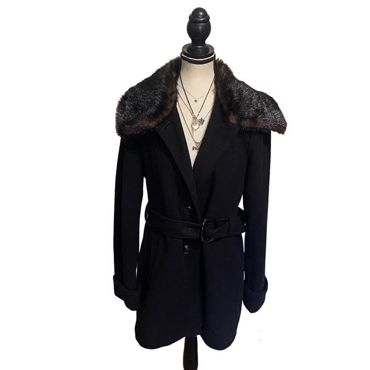 Black Wool Overcoat with Faux Fur Accents
