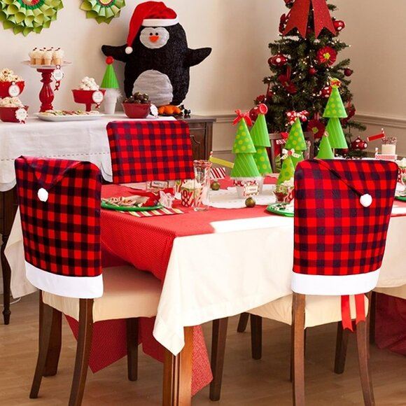 NEW 4 PCS Elastic Buffalo Plaid Christmas Chair Covers Santa Hat