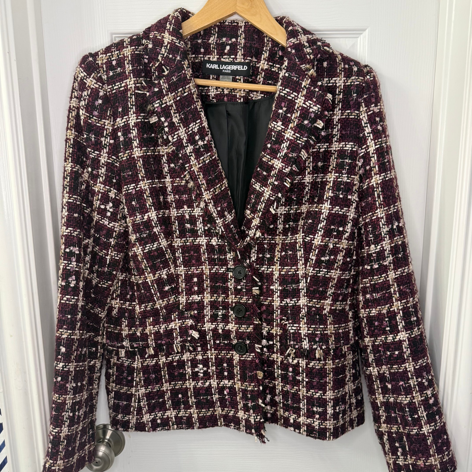 Karl Lagerfeld Aubergine Tweed Blazer Size 10 Metallic Plaid Jacket Preppy Chic