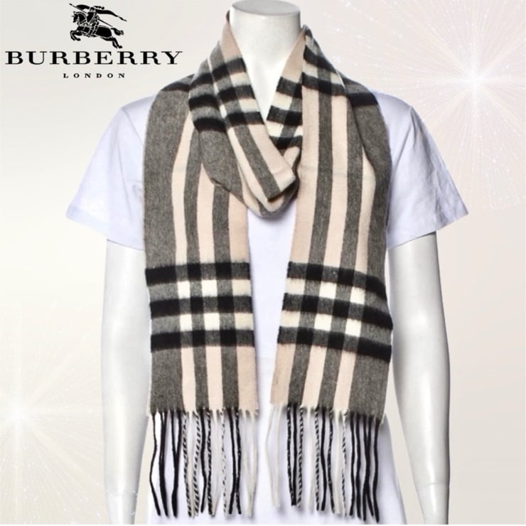 Burberry Cashmere Nova Scarf Shawl Scotland Made Neutral Checkered Beige Black
