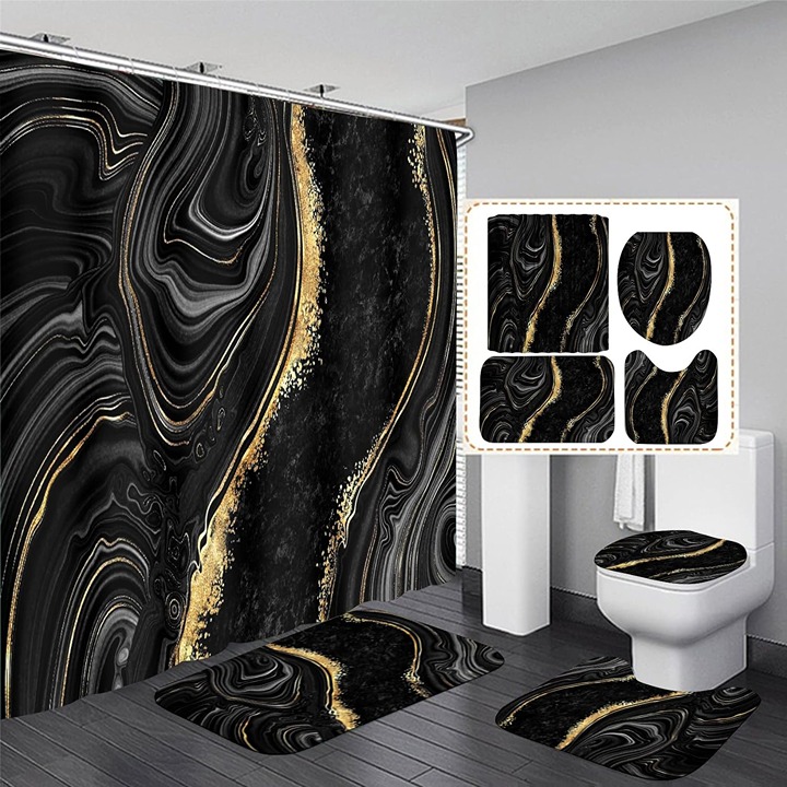 Nkzply 4 Pcs Black Marble Shower Curtain Sets with Rugs Gold Bathroom Sets