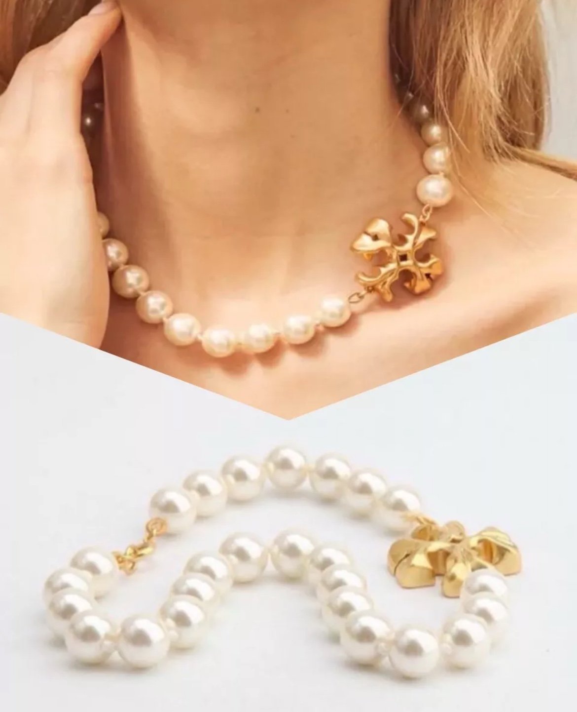 Tory Burch Gold Roxanne Pearl logo Necklace With Dust Bag